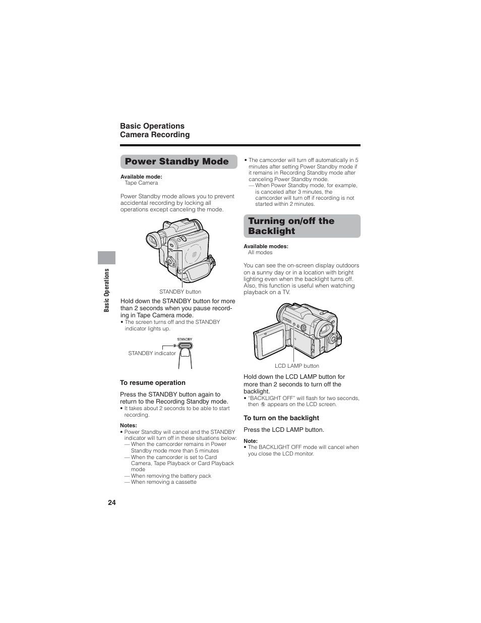 Power standby mode, Turning on/off the backlight, Basic operations camera recording | Sharp VL-Z7U User Manual | Page 38 / 140