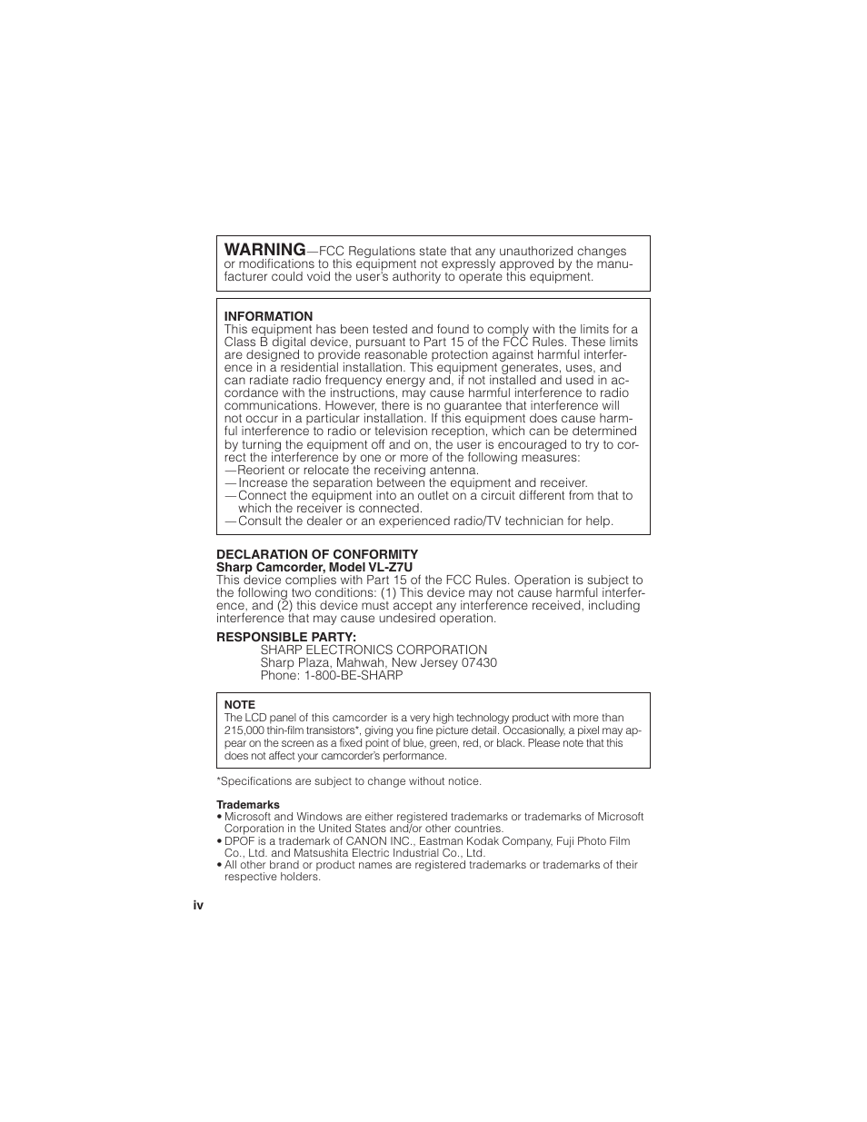 Warning | Sharp VL-Z7U User Manual | Page 4 / 140