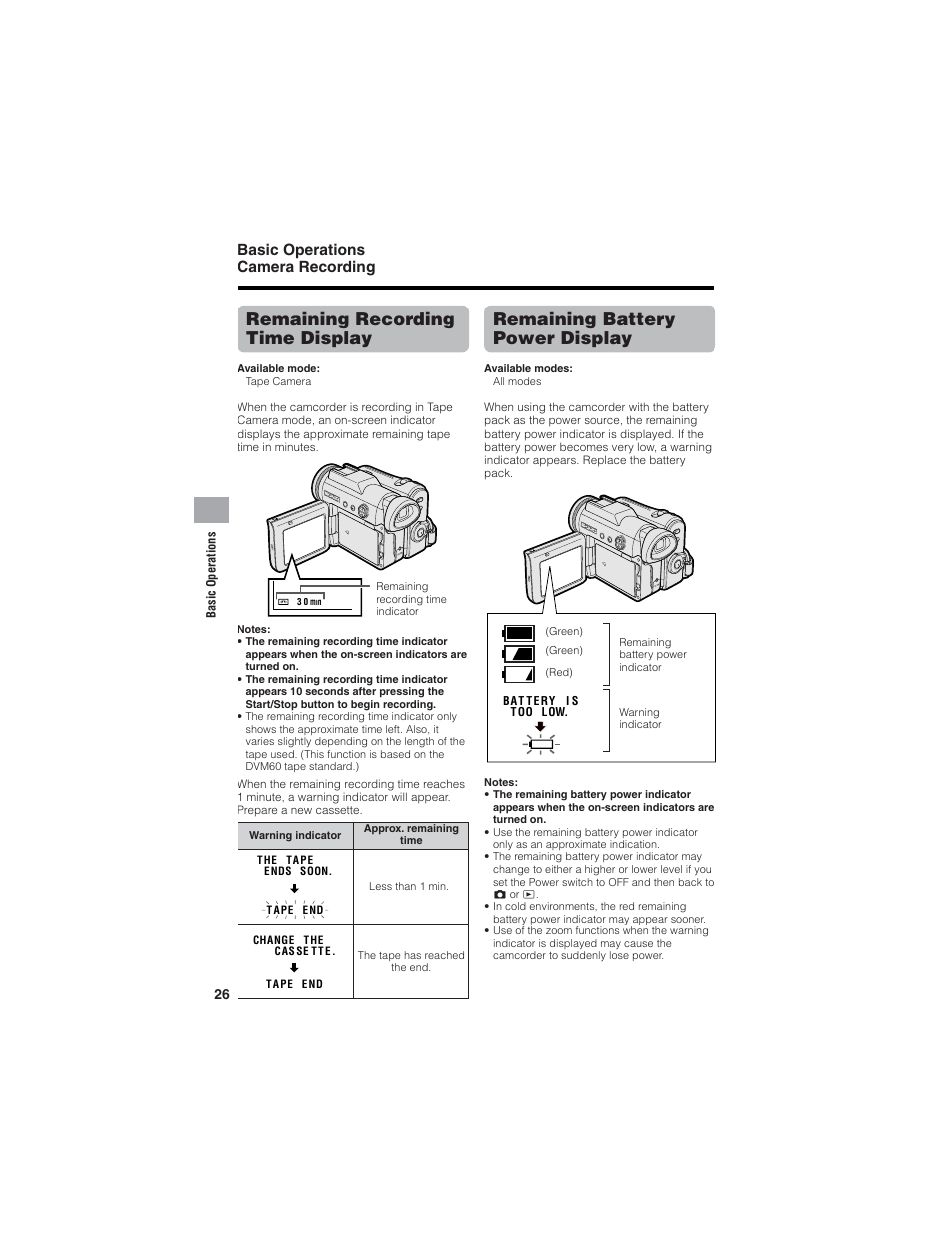 Remaining battery power display, Remaining recording time display, Basic operations camera recording | Sharp VL-Z7U User Manual | Page 40 / 140