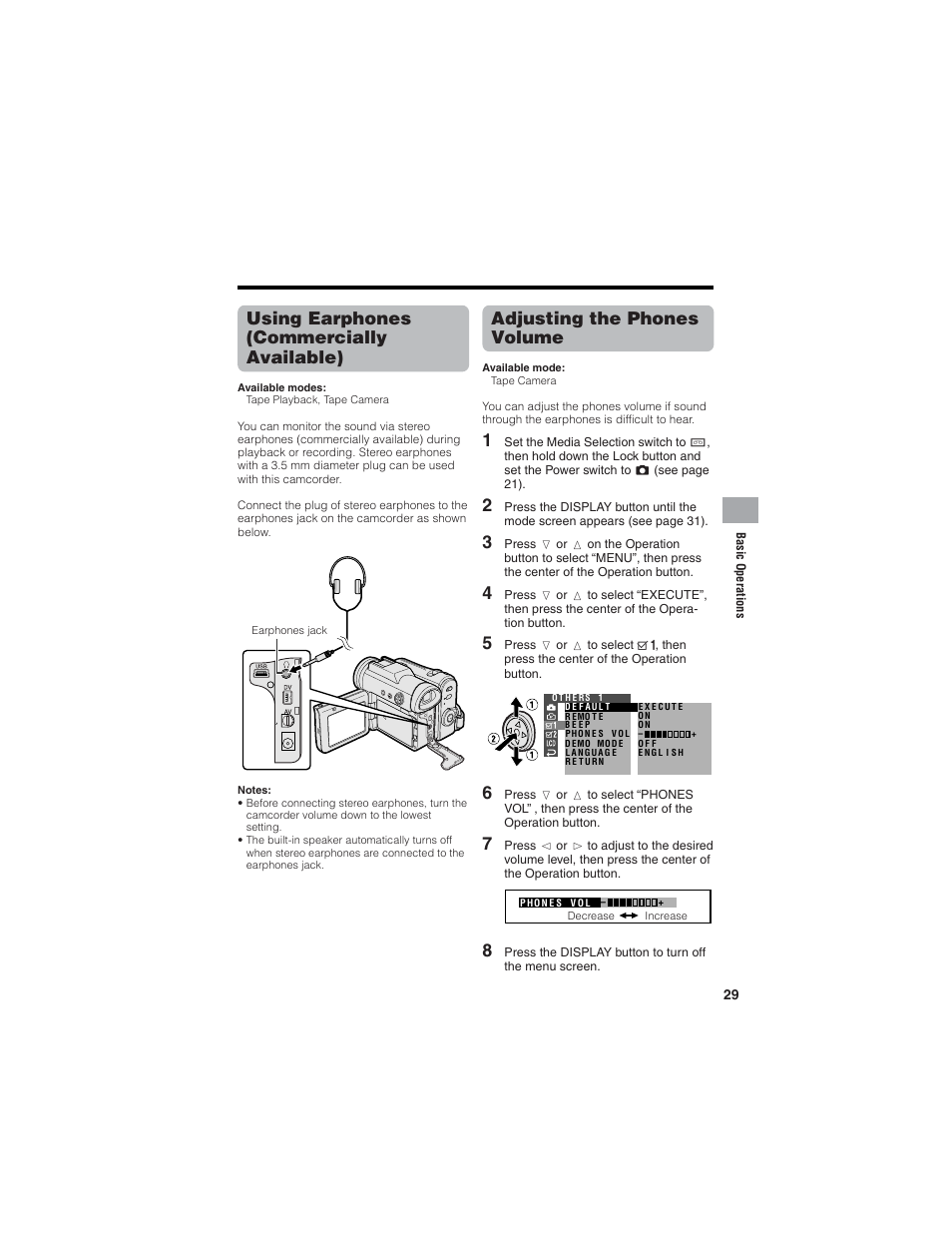 Using earphones (commercially available), Adjusting the phones volume | Sharp VL-Z7U User Manual | Page 43 / 140