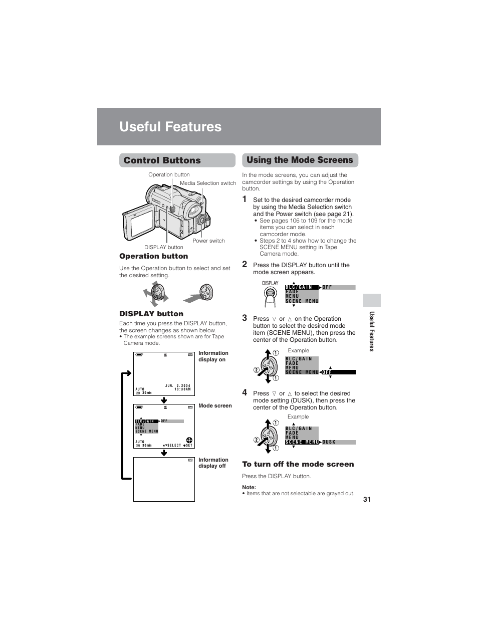 Useful features, Control buttons, Using the mode screens | Operation button, Display button | Sharp VL-Z7U User Manual | Page 45 / 140