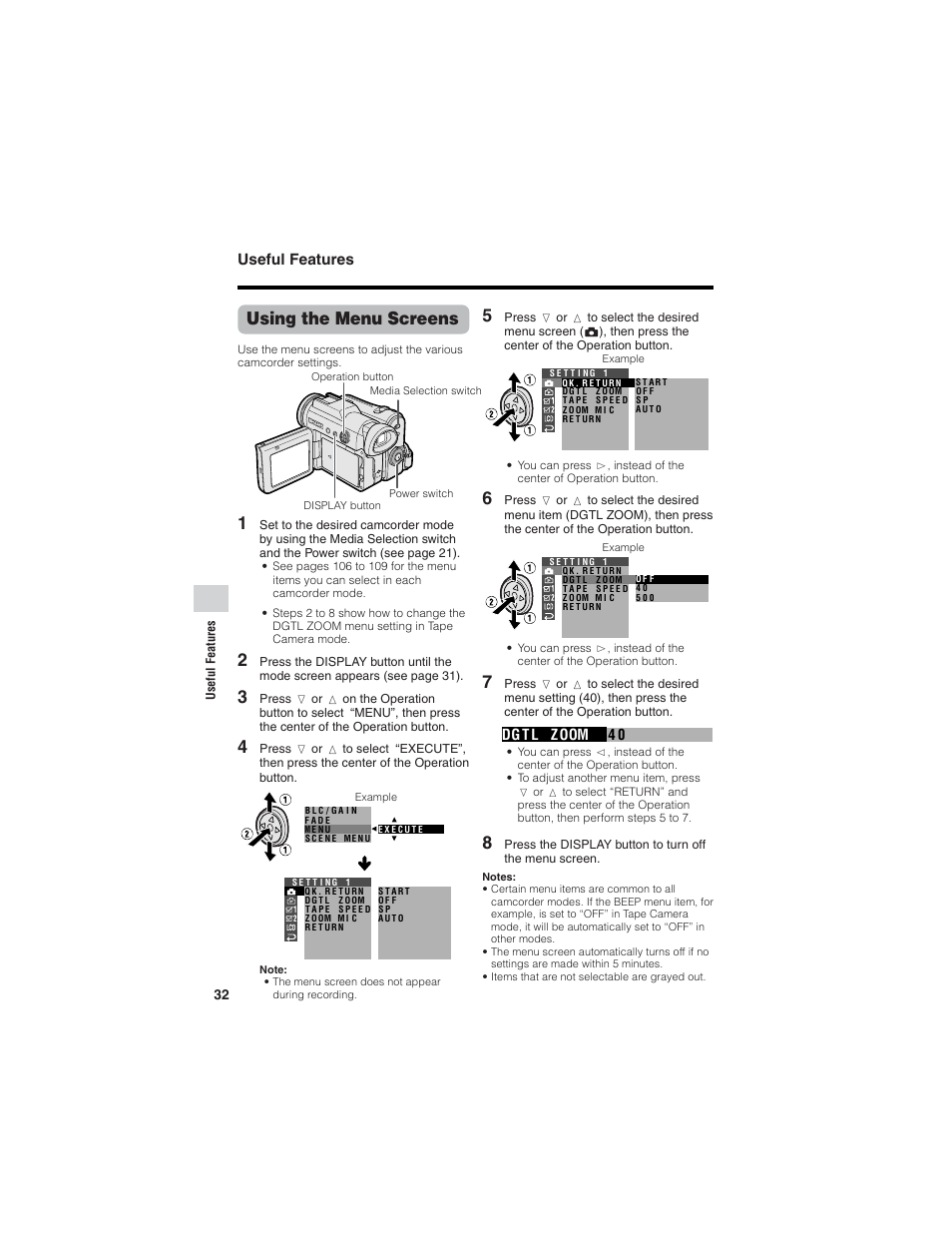 Using the menu screens, Useful features | Sharp VL-Z7U User Manual | Page 46 / 140