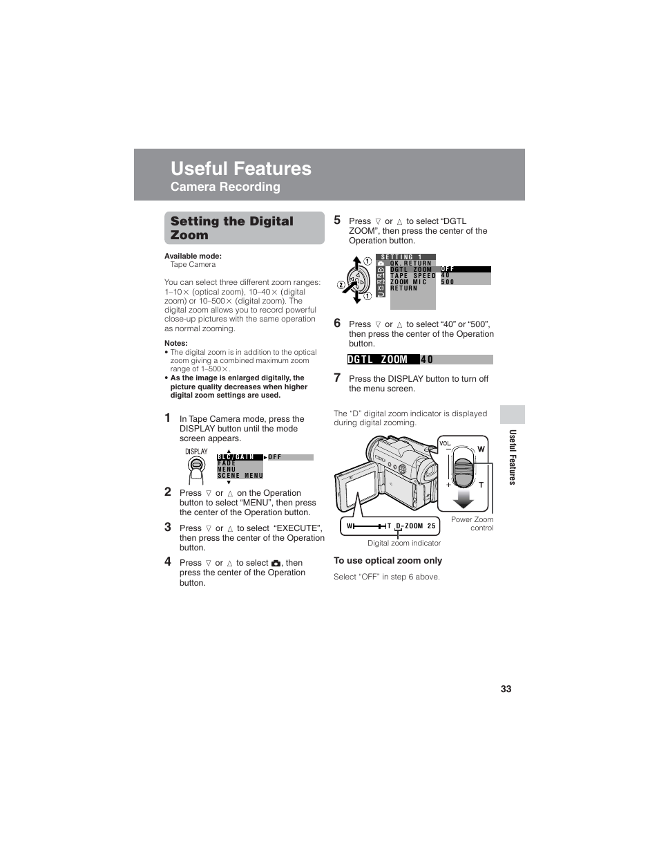 Useful features, Camera recording 5, Setting the digital zoom | Sharp VL-Z7U User Manual | Page 47 / 140