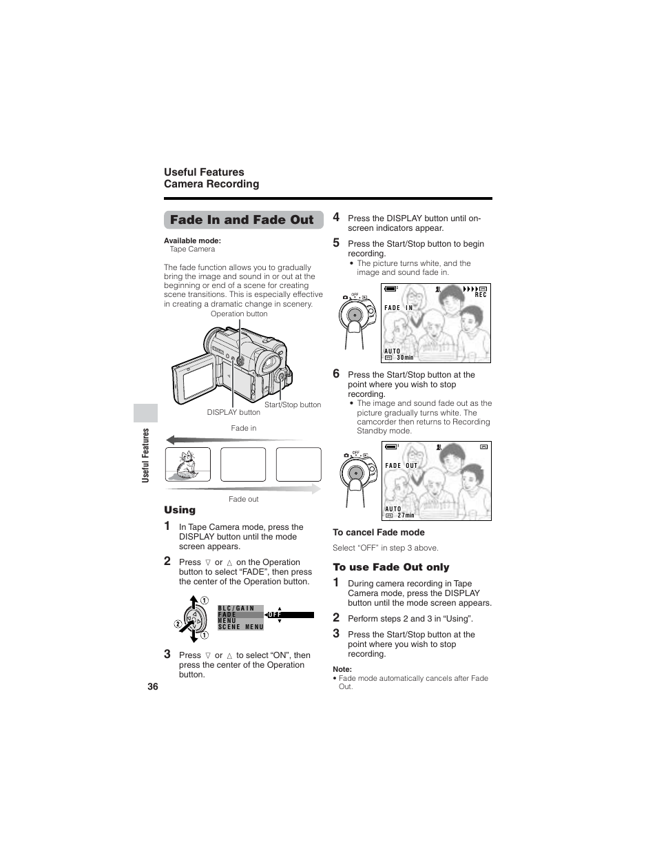 Fade in and fade out, Useful features camera recording | Sharp VL-Z7U User Manual | Page 50 / 140