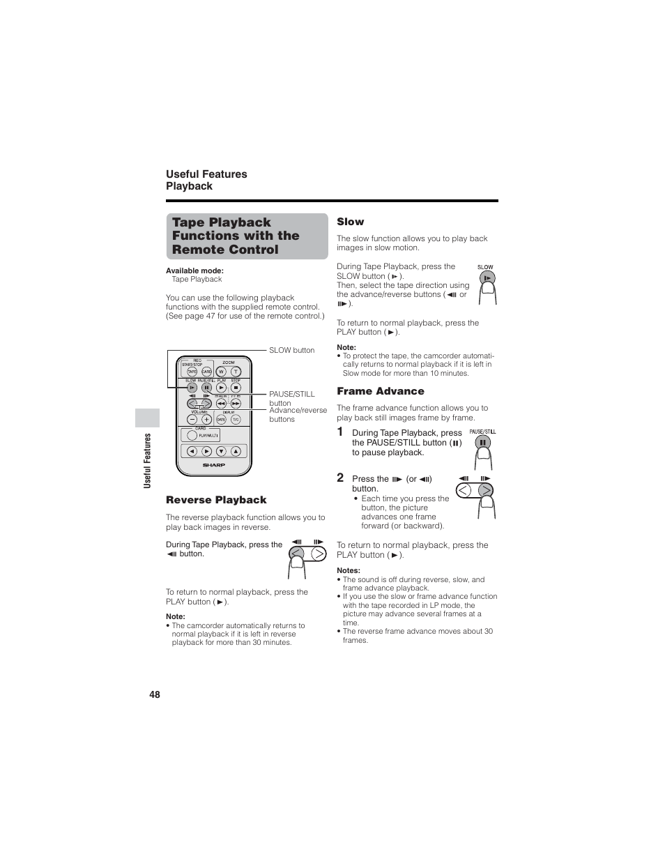 Tape playback functions with the remote control | Sharp VL-Z7U User Manual | Page 62 / 140