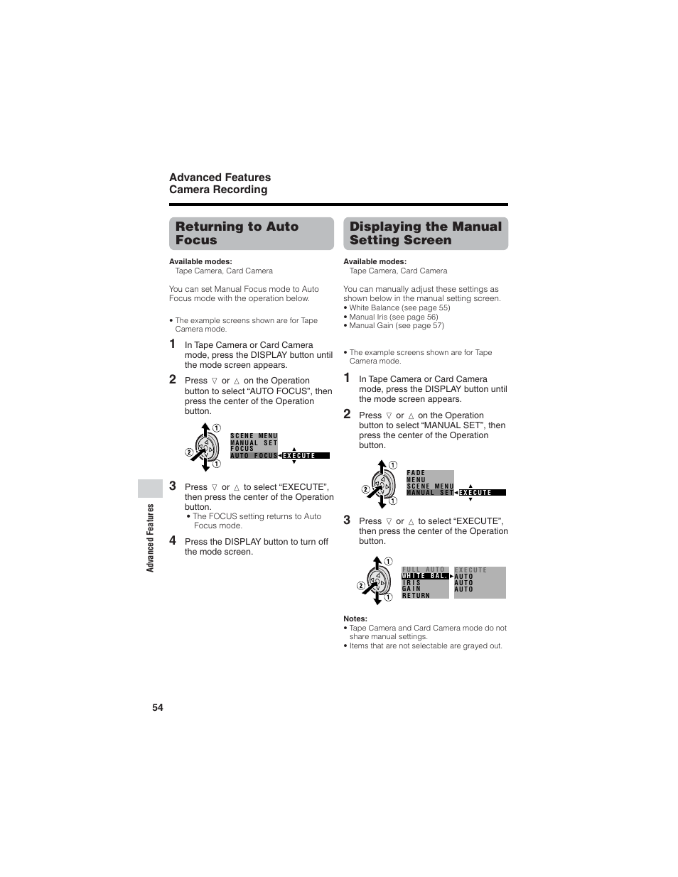 Displaying the manual setting screen, Returning to auto focus, Advanced features camera recording | Sharp VL-Z7U User Manual | Page 68 / 140