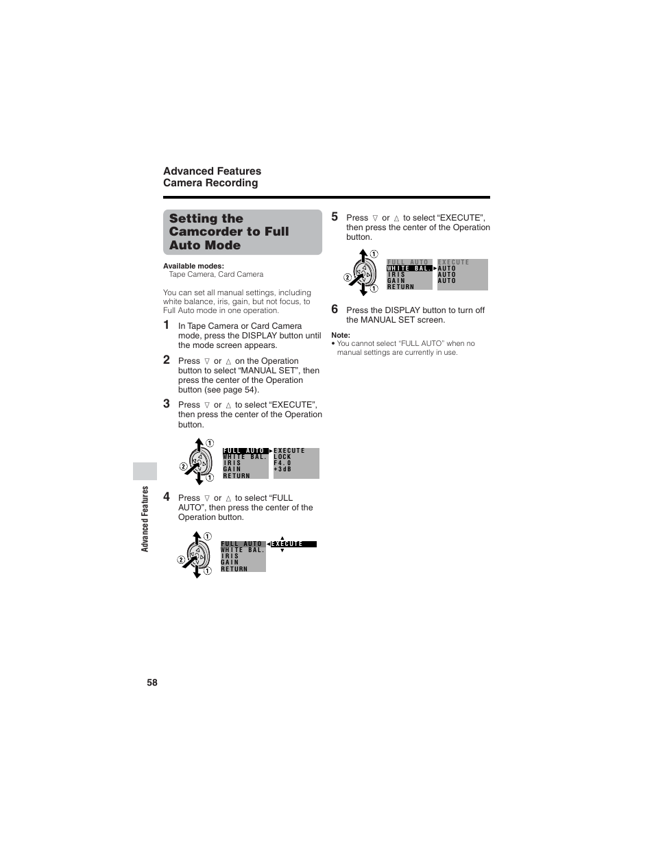 Setting the camcorder to full auto mode, Advanced features camera recording | Sharp VL-Z7U User Manual | Page 72 / 140