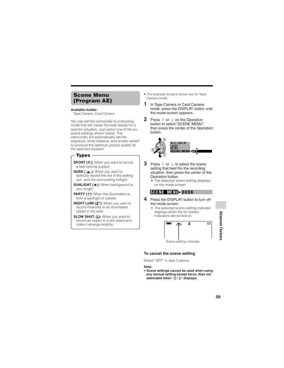 Scene menu (program ae) | Sharp VL-Z7U User Manual | Page 73 / 140