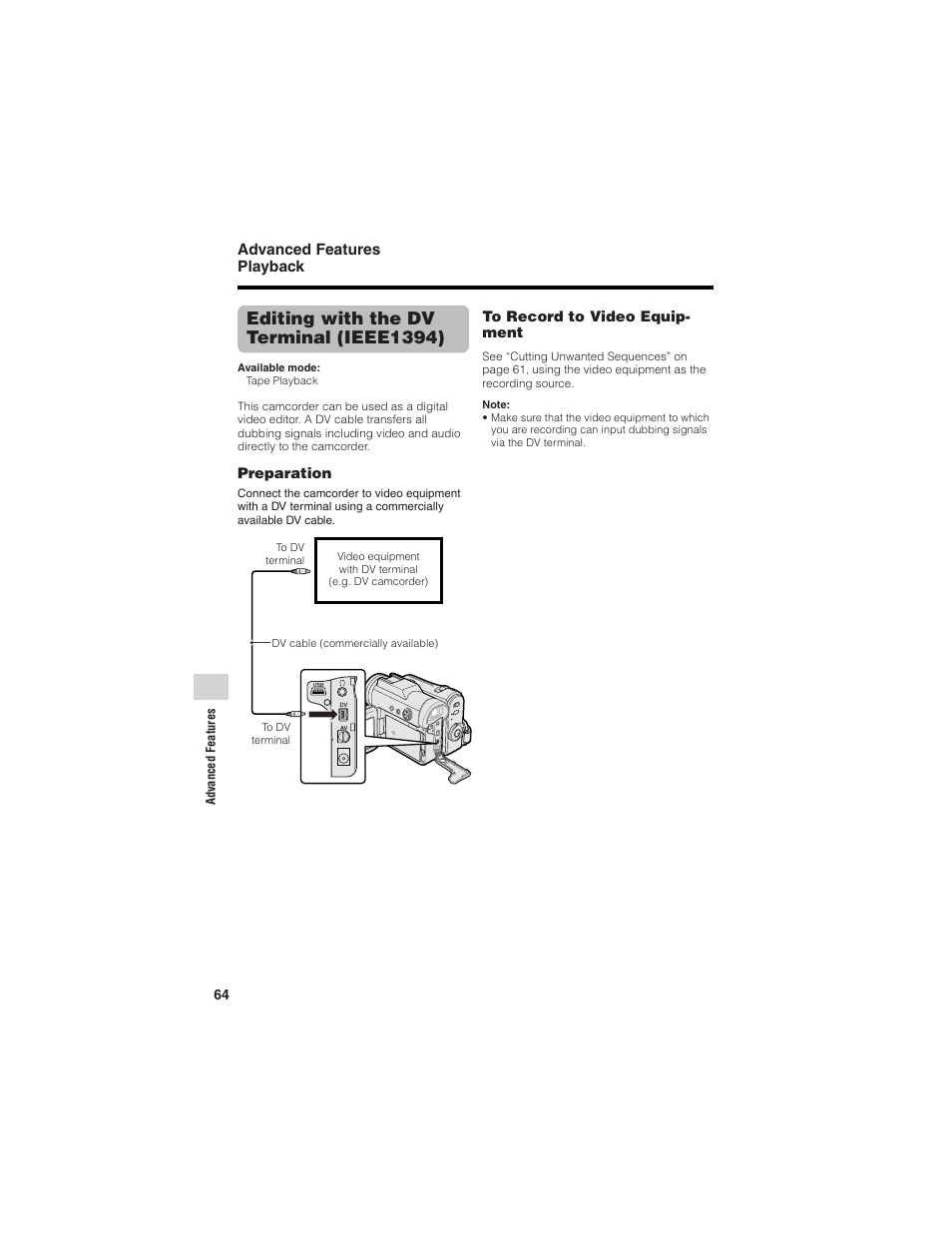Editing with the dv terminal (ieee1394), Advanced features playback | Sharp VL-Z7U User Manual | Page 78 / 140