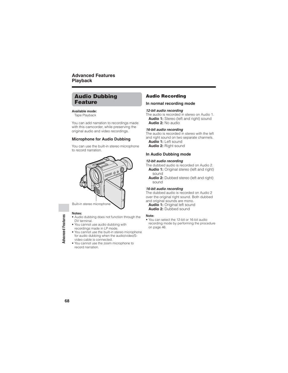 Audio dubbing feature, Advanced features playback | Sharp VL-Z7U User Manual | Page 82 / 140