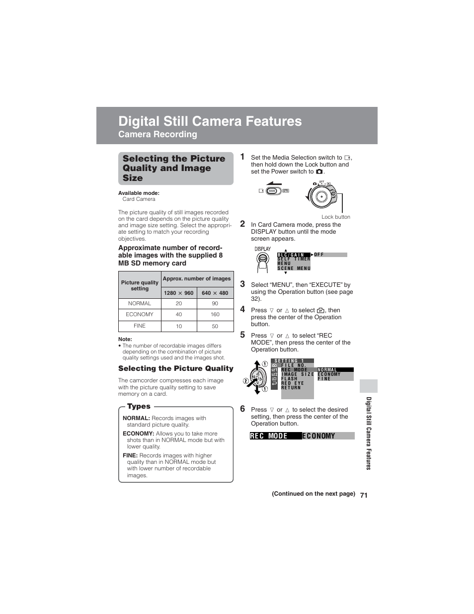 Digital still camera features, Selecting the picture quality and image size, Camera recording | Sharp VL-Z7U User Manual | Page 85 / 140