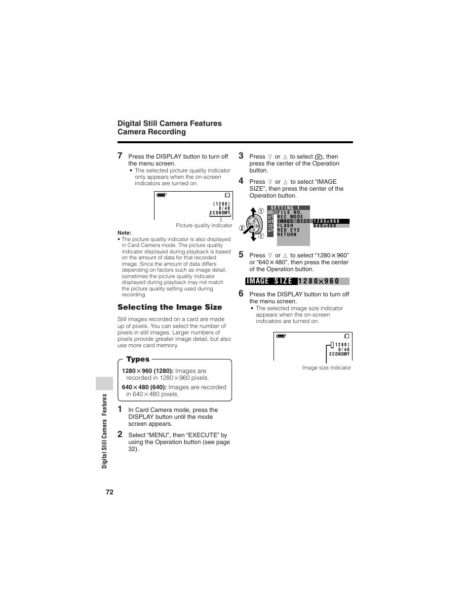 Digital still camera features camera recording, Selecting the image size | Sharp VL-Z7U User Manual | Page 86 / 140