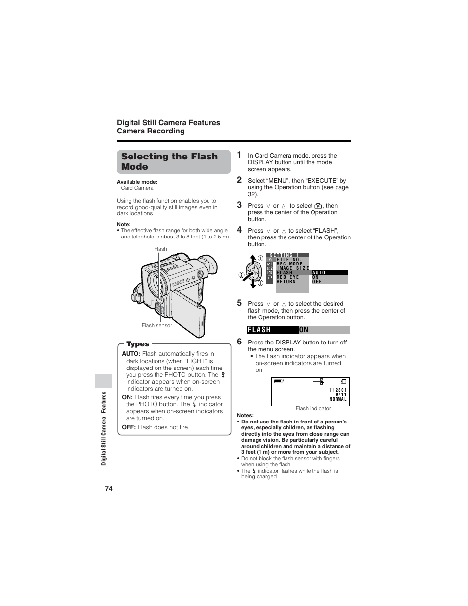 Selecting the flash mode, Digital still camera features camera recording | Sharp VL-Z7U User Manual | Page 88 / 140