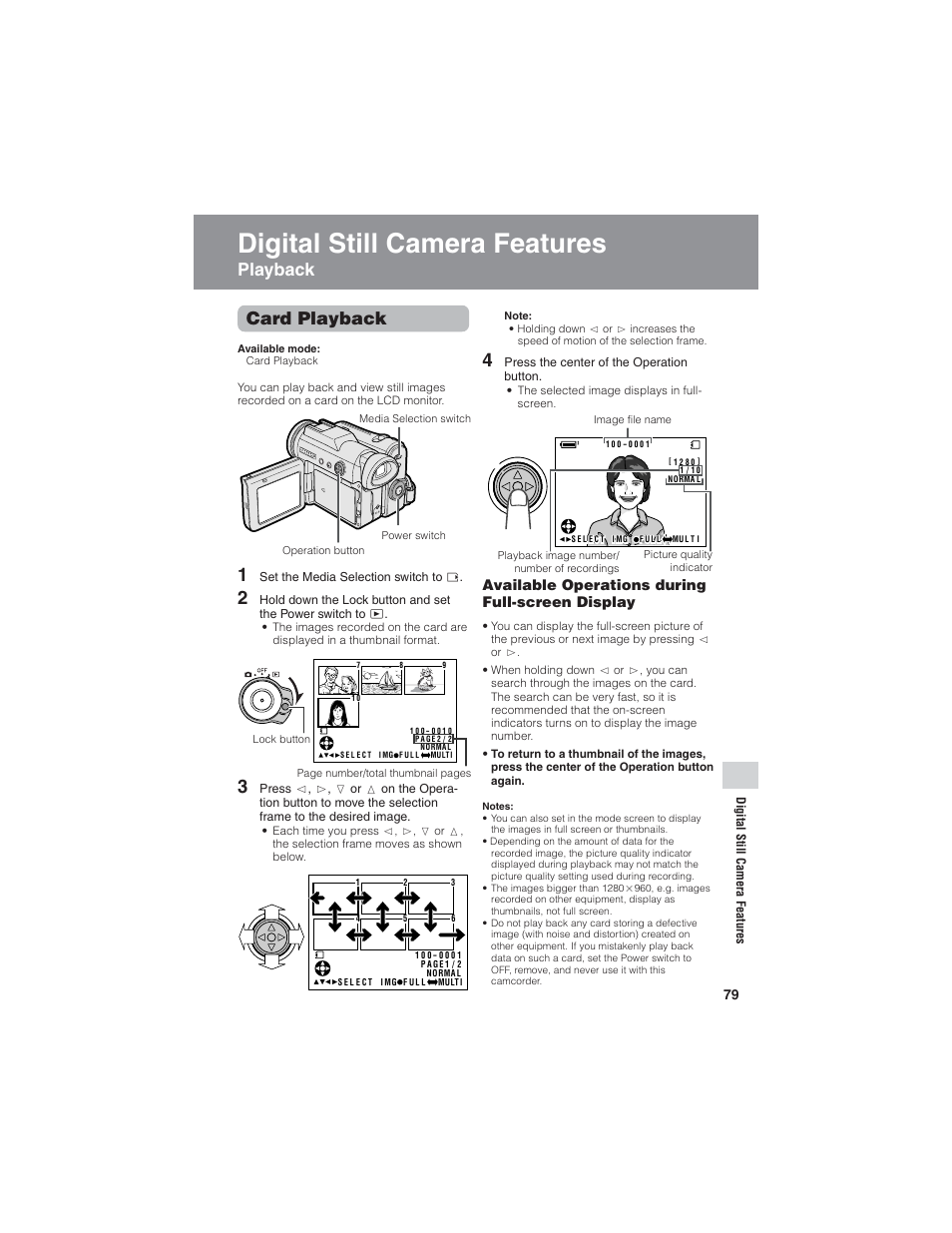 Digital still camera features, Playback card playback, Available operations during full-screen display | Sharp VL-Z7U User Manual | Page 93 / 140