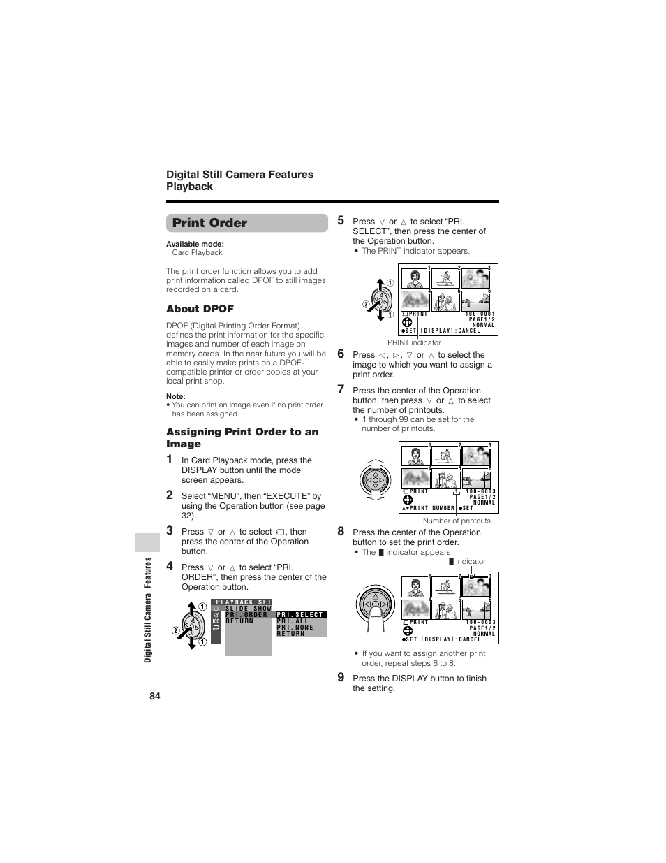 Print order, Digital still camera features playback, About dpof | Assigning print order to an image | Sharp VL-Z7U User Manual | Page 98 / 140