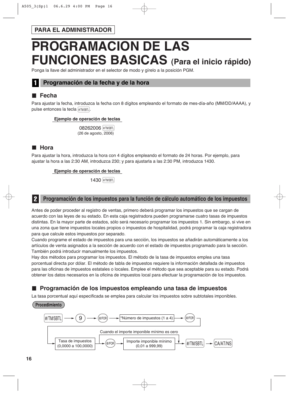 Programacion de las funciones basicas, S@ 9 @ @ s a, Para el inicio rápido) | Sharp Electronic Cash Register XE-A505 User Manual | Page 100 / 130
