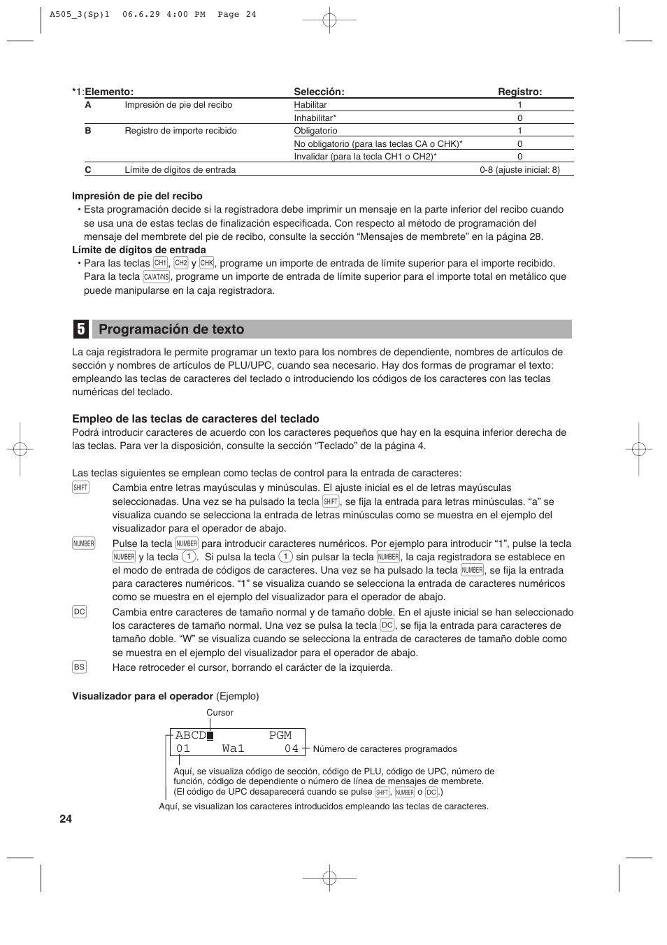 Programación de texto | Sharp Electronic Cash Register XE-A505 User Manual | Page 108 / 130