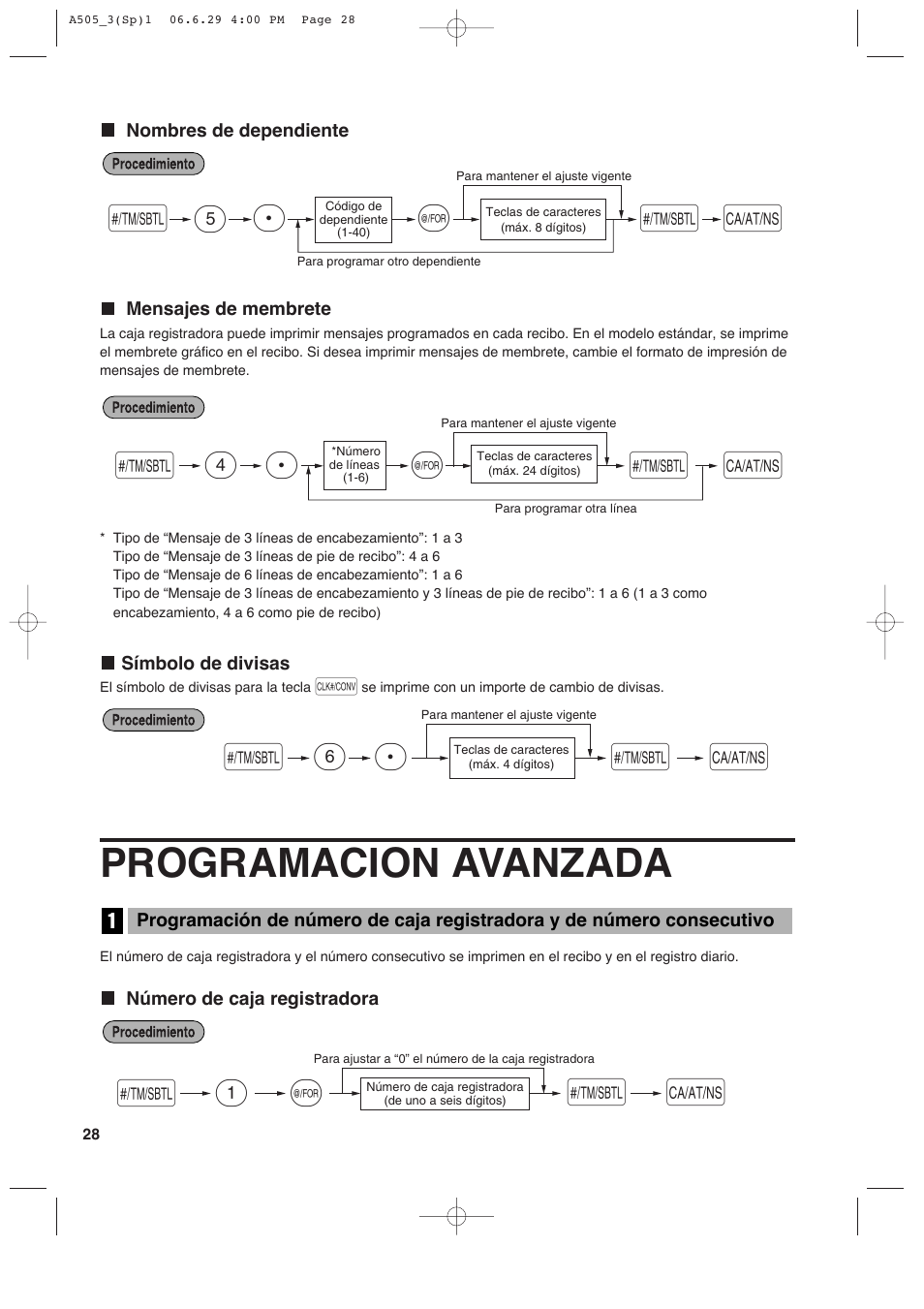 Programacion avanzada, Sp 6, Sp 5 s | Sp 4, 1s @ s a | Sharp Electronic Cash Register XE-A505 User Manual | Page 112 / 130