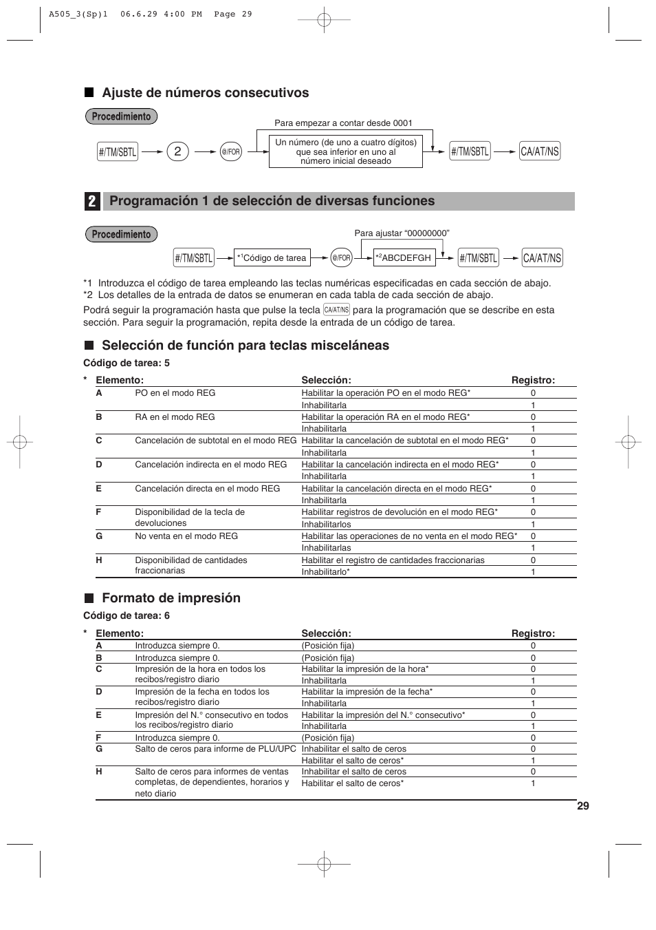 2s @ s a, Ajuste de números consecutivos, Selección de función para teclas misceláneas | Formato de impresión, Programación 1 de selección de diversas funciones | Sharp Electronic Cash Register XE-A505 User Manual | Page 113 / 130