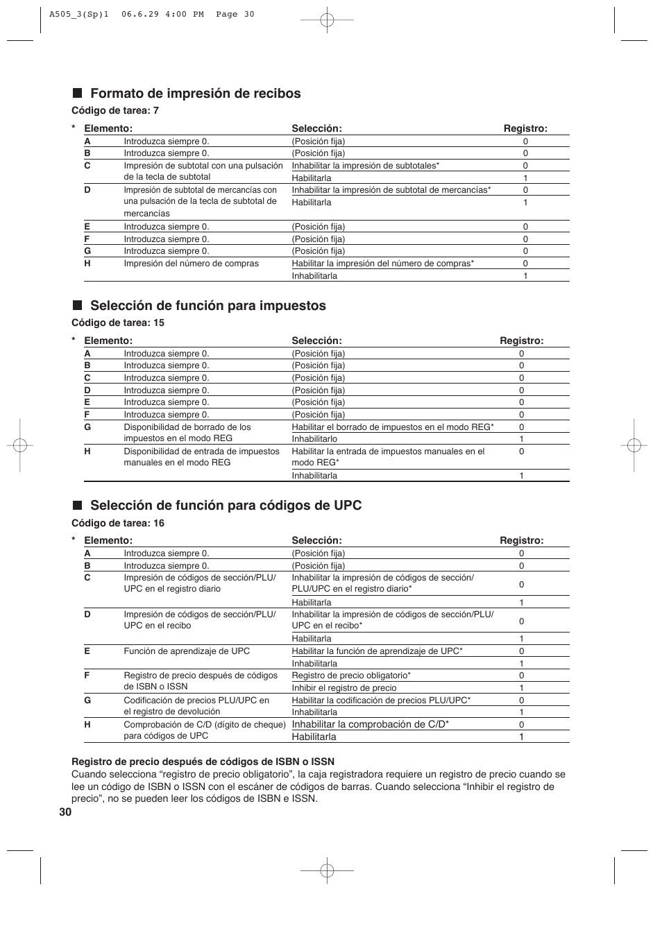 Formato de impresión de recibos, Selección de función para impuestos, Selección de función para códigos de upc | Sharp Electronic Cash Register XE-A505 User Manual | Page 114 / 130