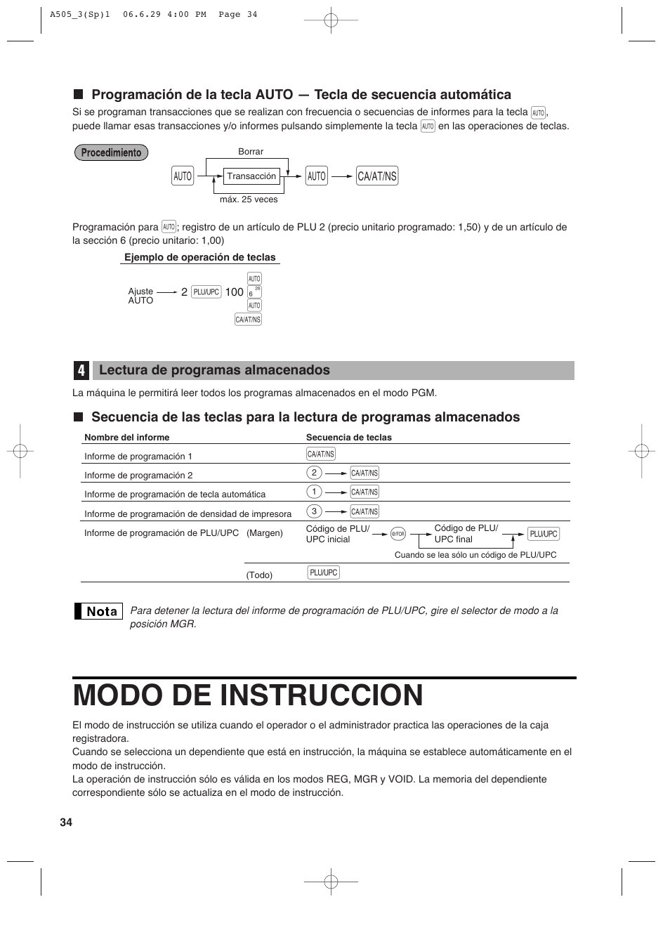 Modo de instruccion | Sharp Electronic Cash Register XE-A505 User Manual | Page 118 / 130