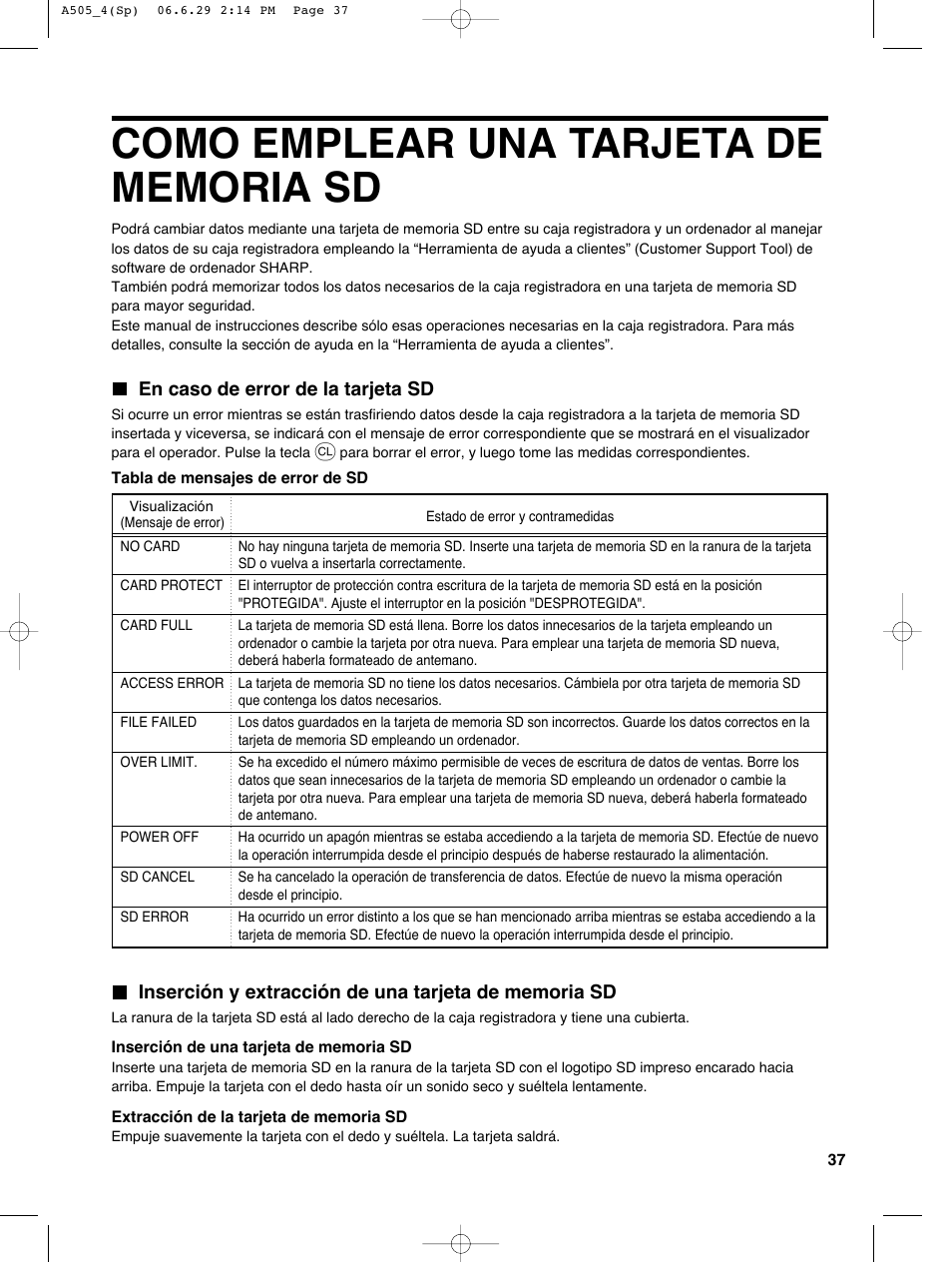 En caso de error de la tarjeta sd | Sharp Electronic Cash Register XE-A505 User Manual | Page 121 / 130