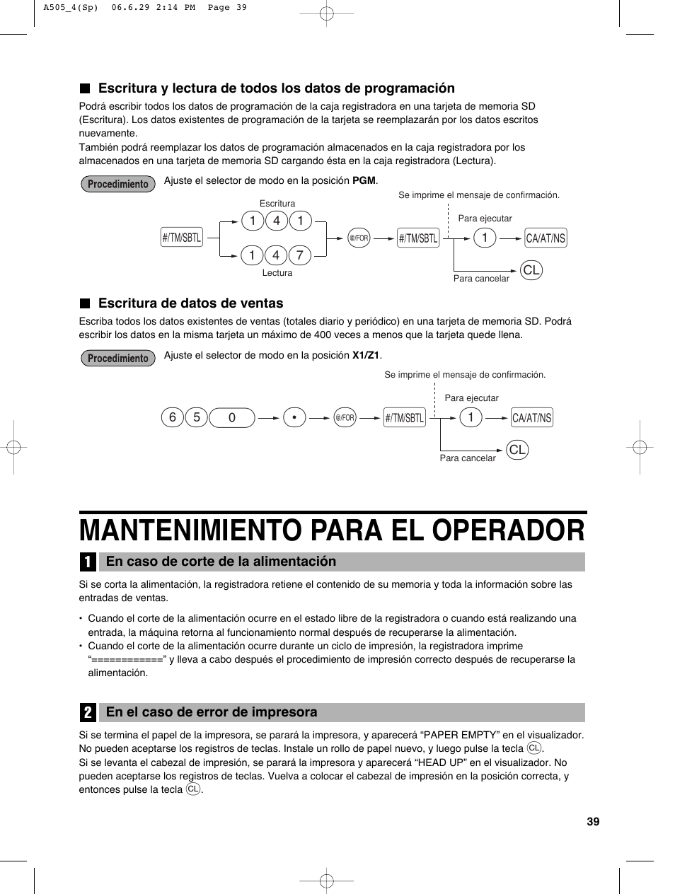 Mantenimiento para el operador, S@ a, 1l 650 p | S@ 141 a | Sharp Electronic Cash Register XE-A505 User Manual | Page 123 / 130