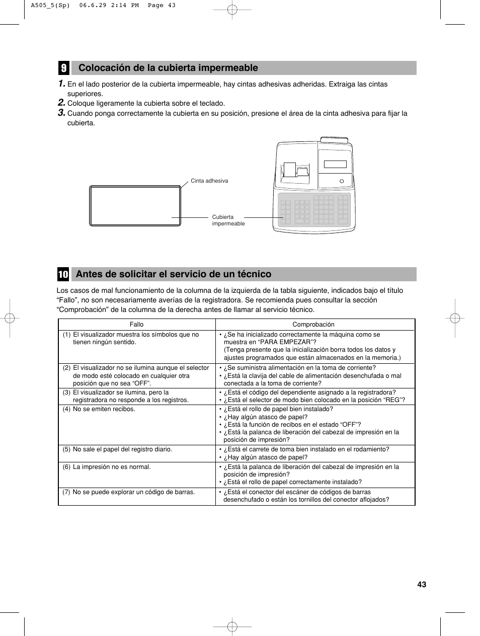 Antes de solicitar el servicio de un técnico 10 1, Colocación de la cubierta impermeable | Sharp Electronic Cash Register XE-A505 User Manual | Page 127 / 130