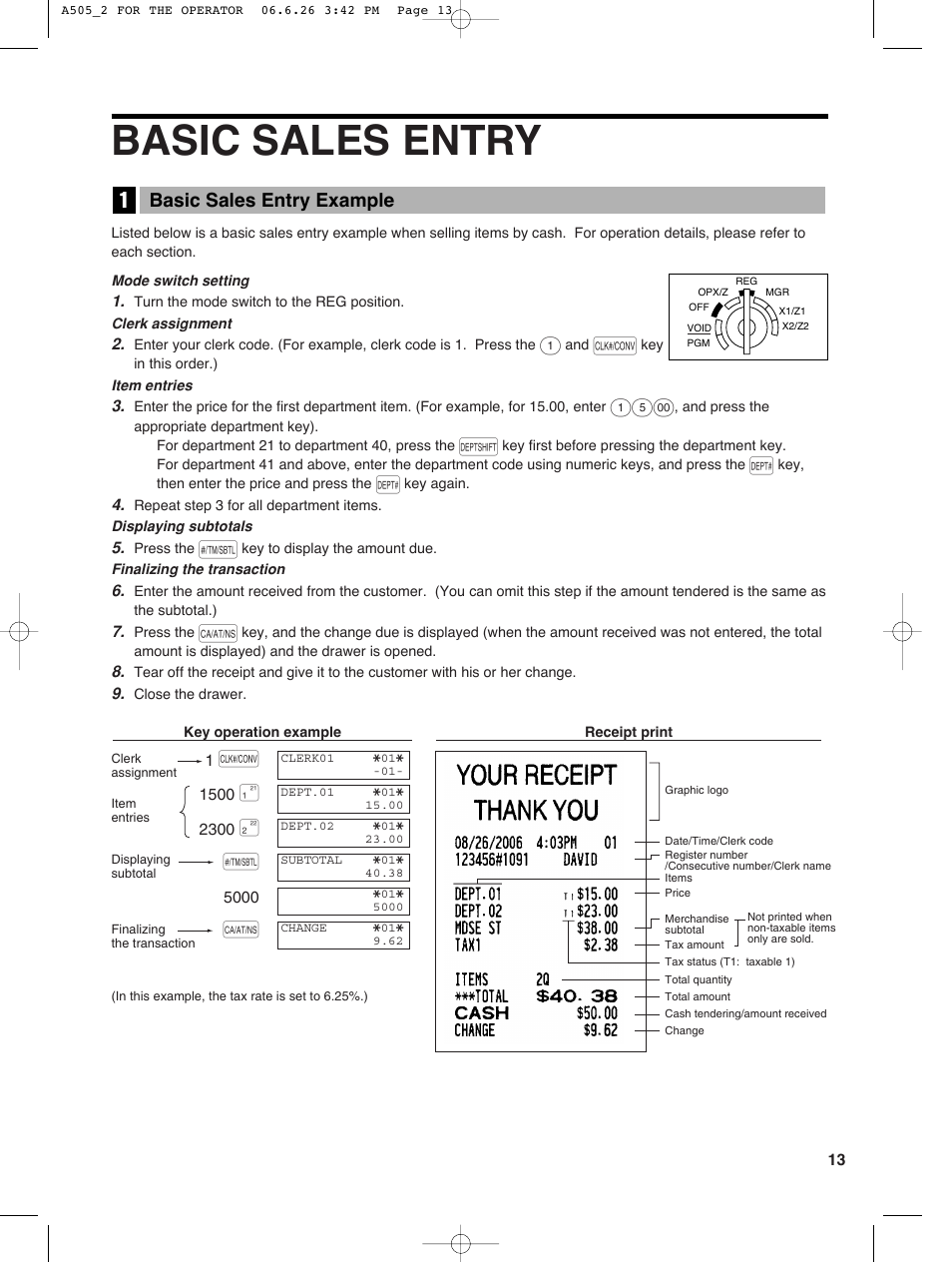 Basic sales entry, Basic sales entry example | Sharp Electronic Cash Register XE-A505 User Manual | Page 15 / 130