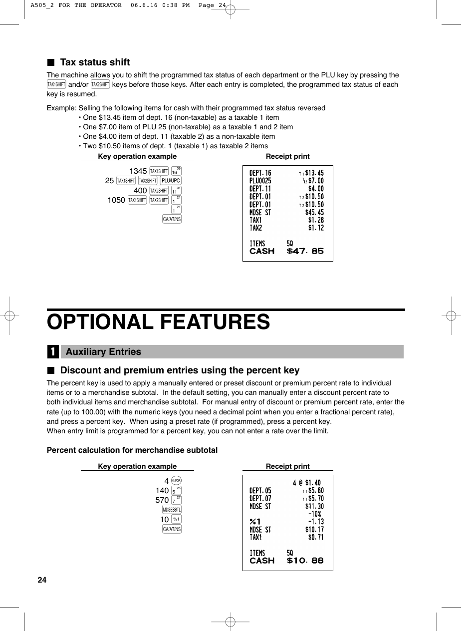 Optional features, T u o, T u ¡ ¡ a | Sharp Electronic Cash Register XE-A505 User Manual | Page 26 / 130