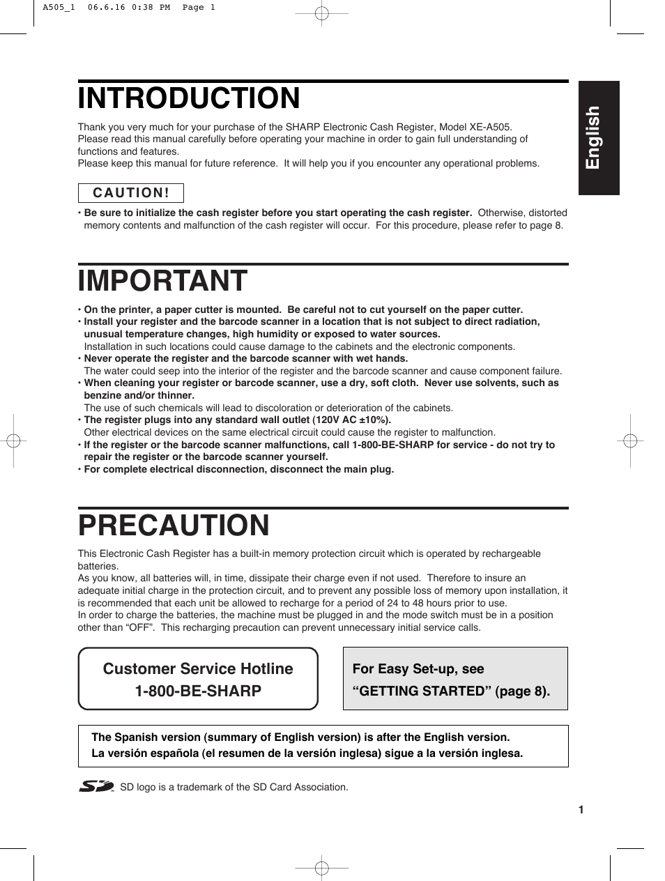 Introduction, Important, Precaution | English | Sharp Electronic Cash Register XE-A505 User Manual | Page 3 / 130