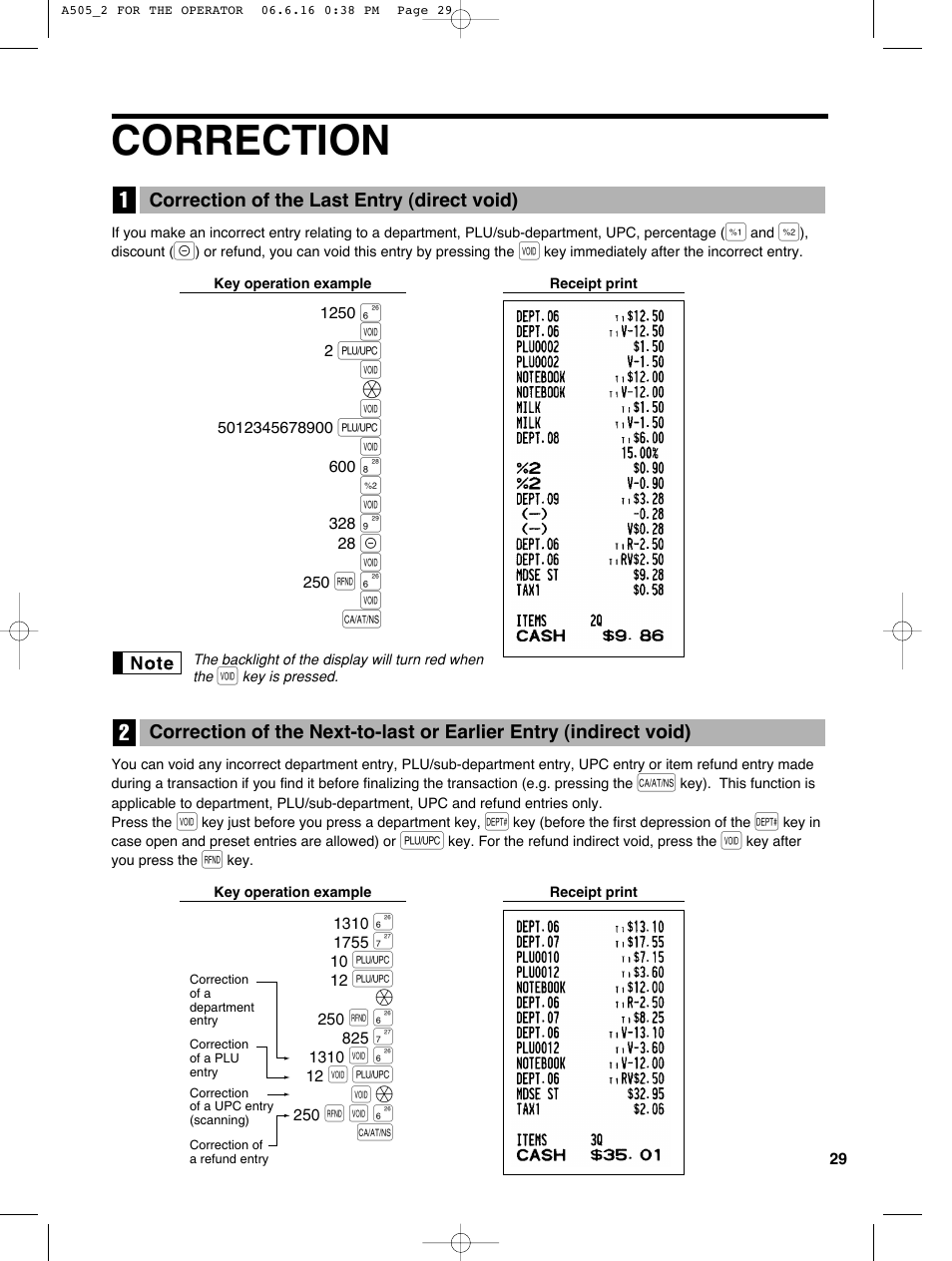 Correction, Ov ä v, F § v a | Sharp Electronic Cash Register XE-A505 User Manual | Page 31 / 130