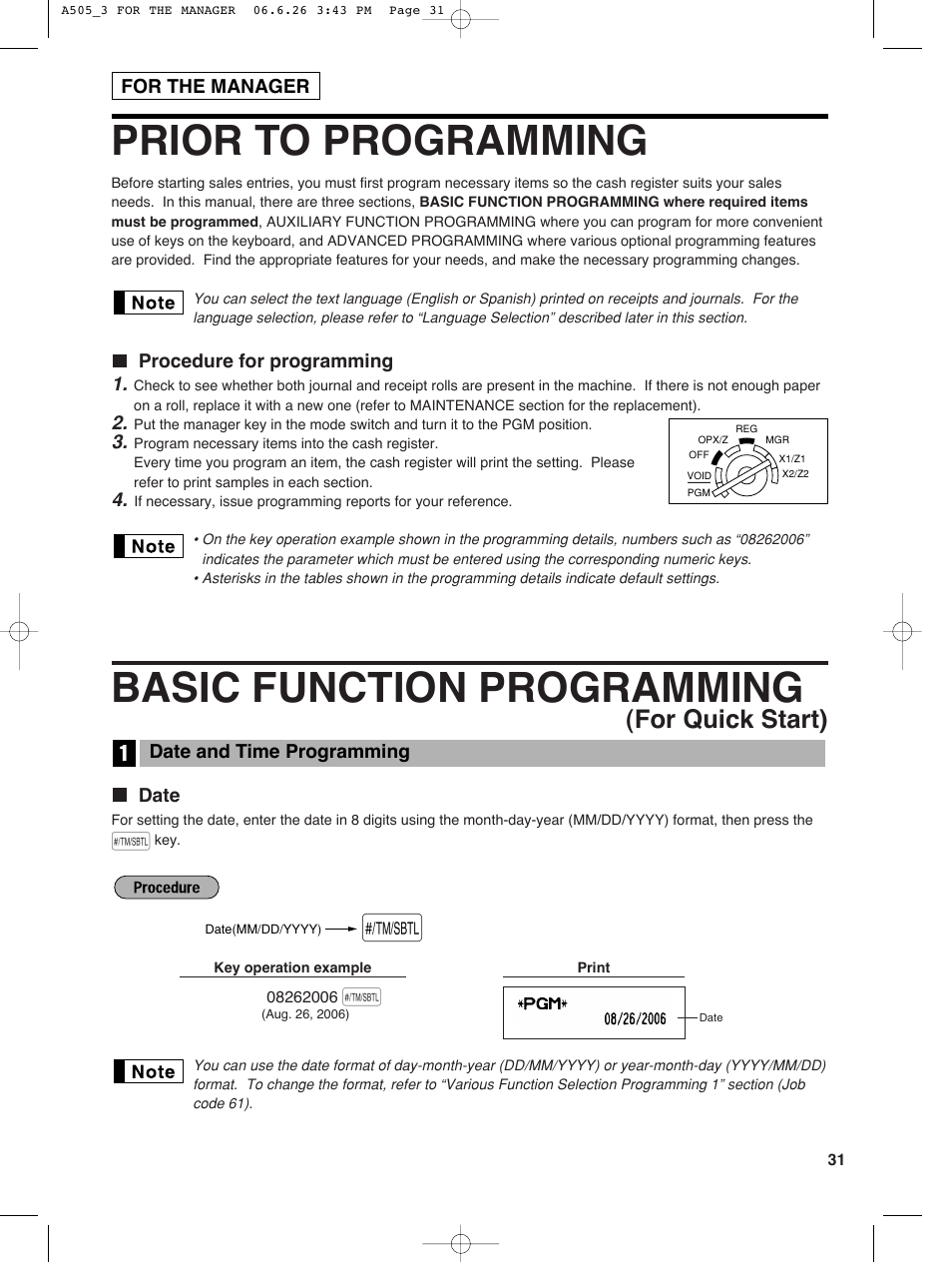Prior to programming, Basic function programming, For quick start) | Sharp Electronic Cash Register XE-A505 User Manual | Page 33 / 130