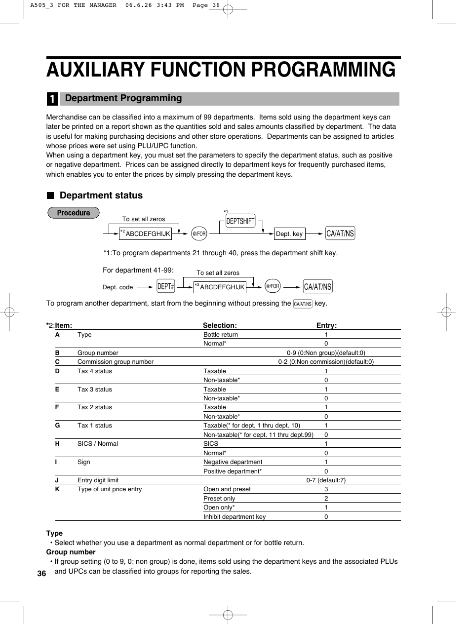 Auxiliary function programming, Department status, Department programming | Sharp Electronic Cash Register XE-A505 User Manual | Page 38 / 130