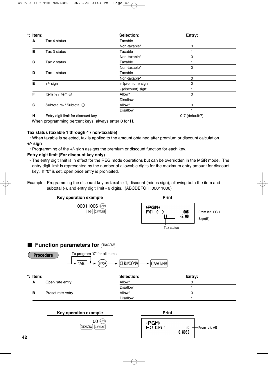 Function parameters for | Sharp Electronic Cash Register XE-A505 User Manual | Page 44 / 130