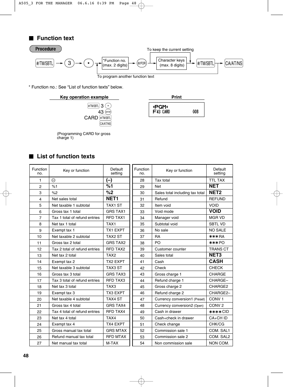 Sp 3, Function text, List of function texts | Sharp Electronic Cash Register XE-A505 User Manual | Page 50 / 130