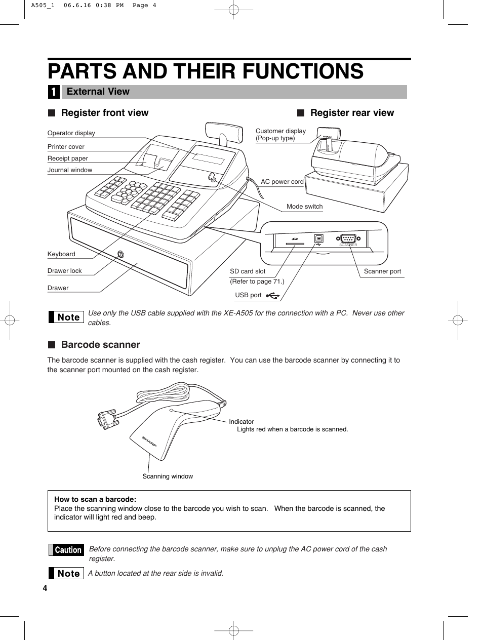 Parts and their functions, Register front view register rear view, Barcode scanner | External view | Sharp Electronic Cash Register XE-A505 User Manual | Page 6 / 130