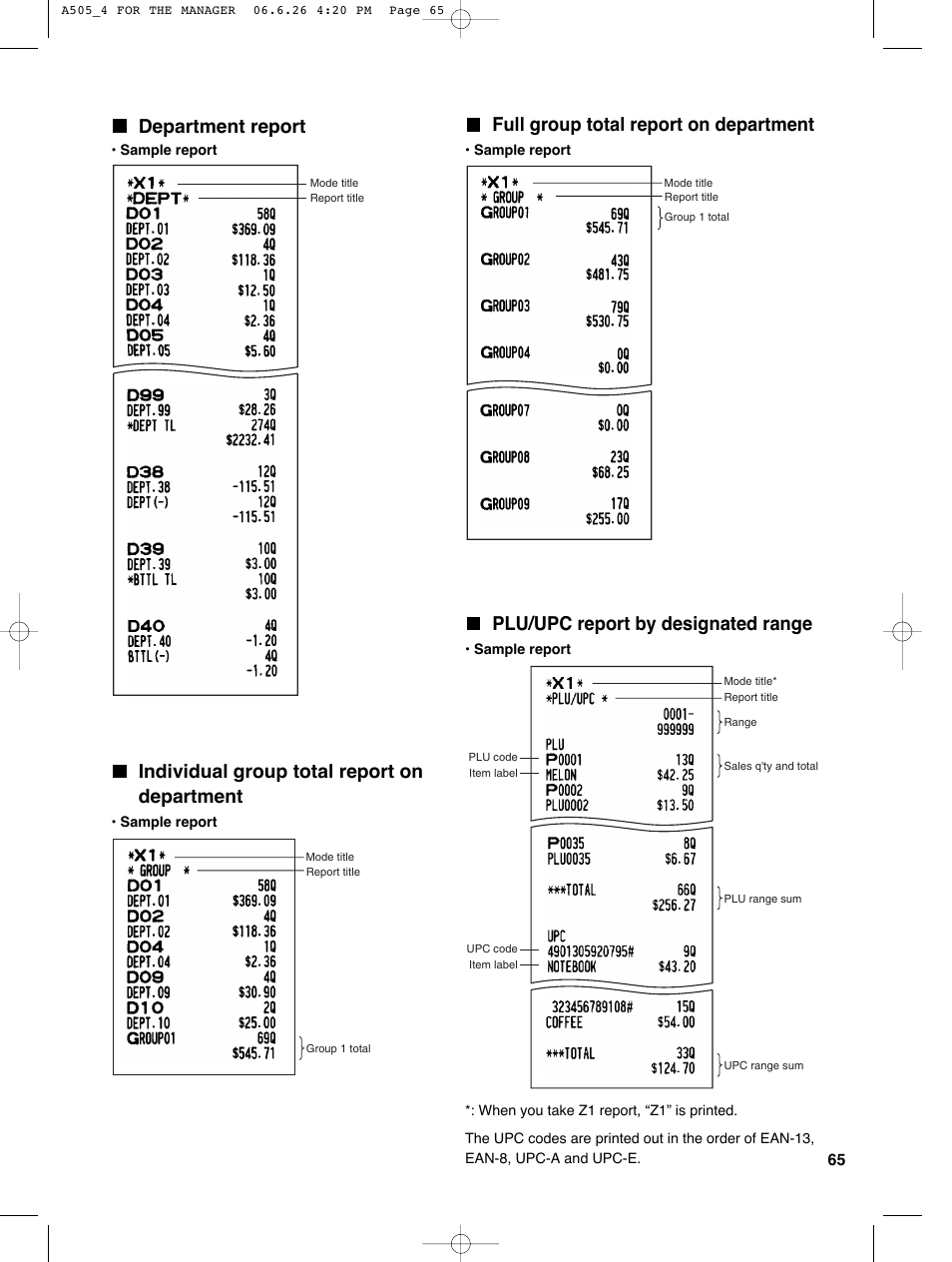 Plu/upc report by designated range, Department report, Full group total report on department | Individual group total report on department | Sharp Electronic Cash Register XE-A505 User Manual | Page 67 / 130