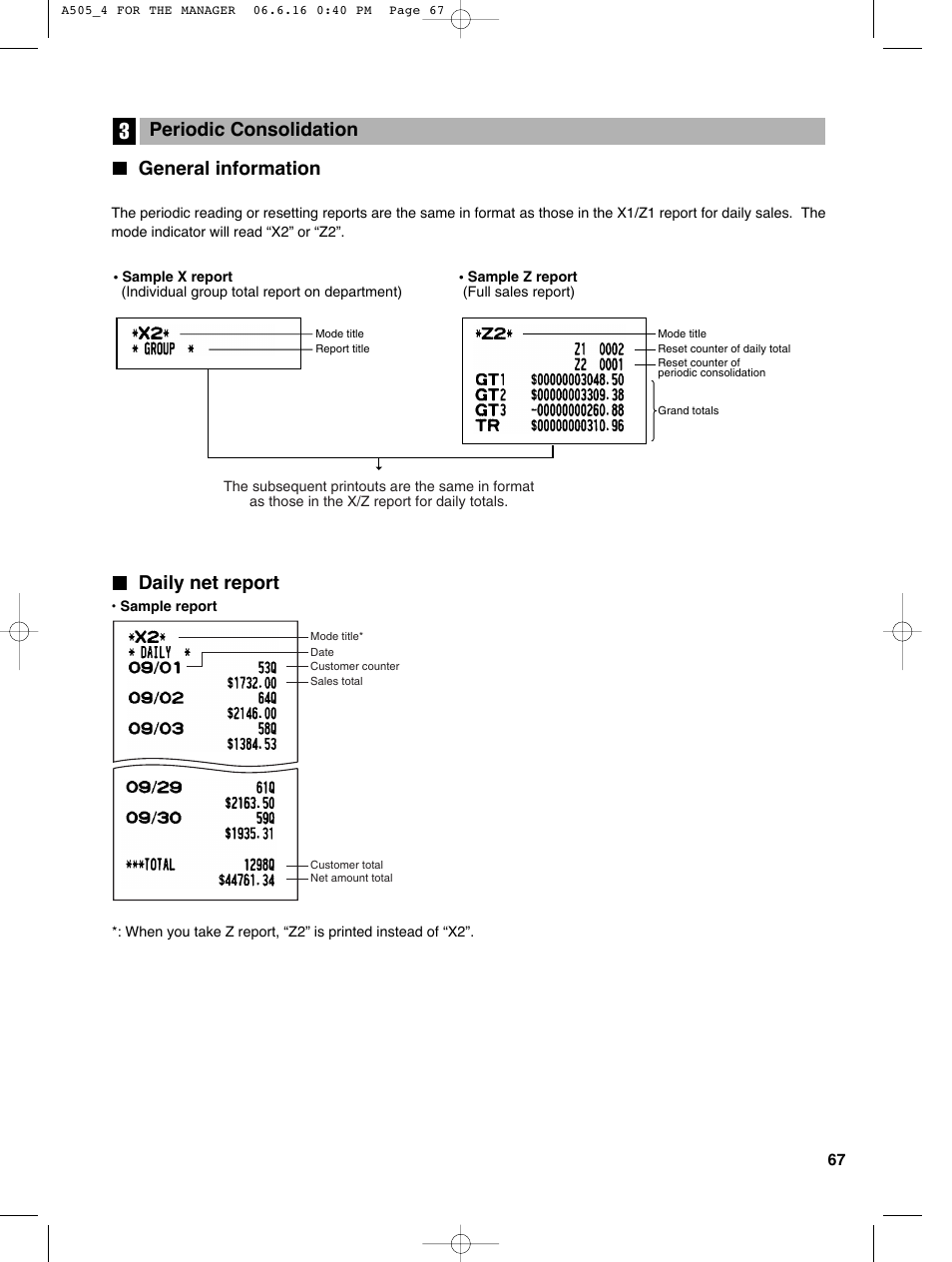 Daily net report, General information, Periodic consolidation | Sharp Electronic Cash Register XE-A505 User Manual | Page 69 / 130