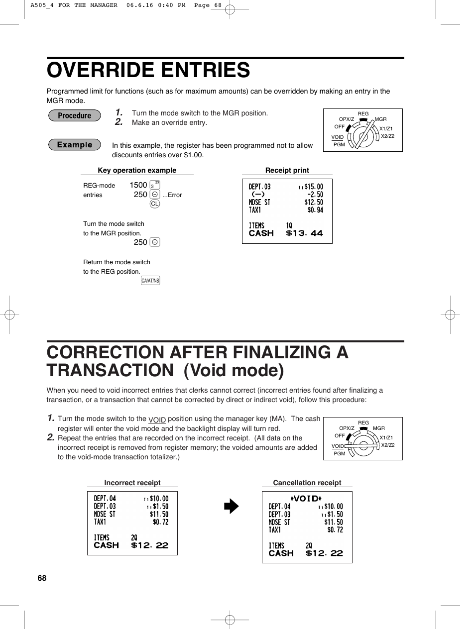 Override entries | Sharp Electronic Cash Register XE-A505 User Manual | Page 70 / 130