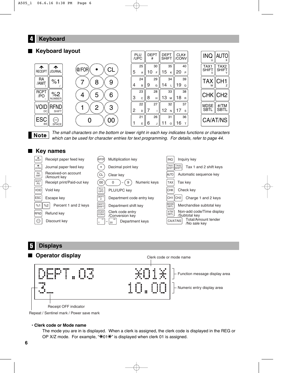 1 void rfnd, Auto inq, Chk ch2 | Tax ch1, Ca/at/ns, Operator display, Displays, Keyboard layout, Key names keyboard | Sharp Electronic Cash Register XE-A505 User Manual | Page 8 / 130