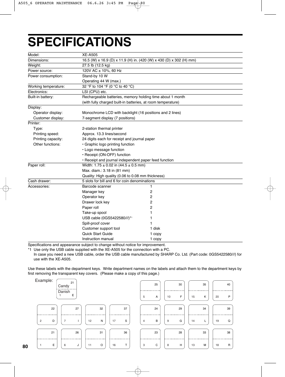 Specifications | Sharp Electronic Cash Register XE-A505 User Manual | Page 82 / 130
