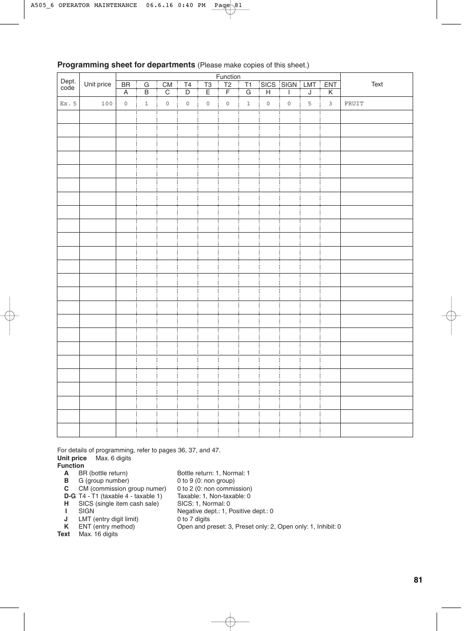 Programming sheet for departments | Sharp Electronic Cash Register XE-A505 User Manual | Page 83 / 130