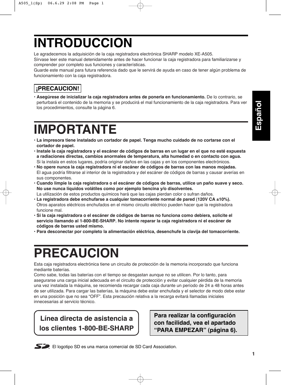 Introduccion, Importante, Precaucion | English español | Sharp Electronic Cash Register XE-A505 User Manual | Page 85 / 130