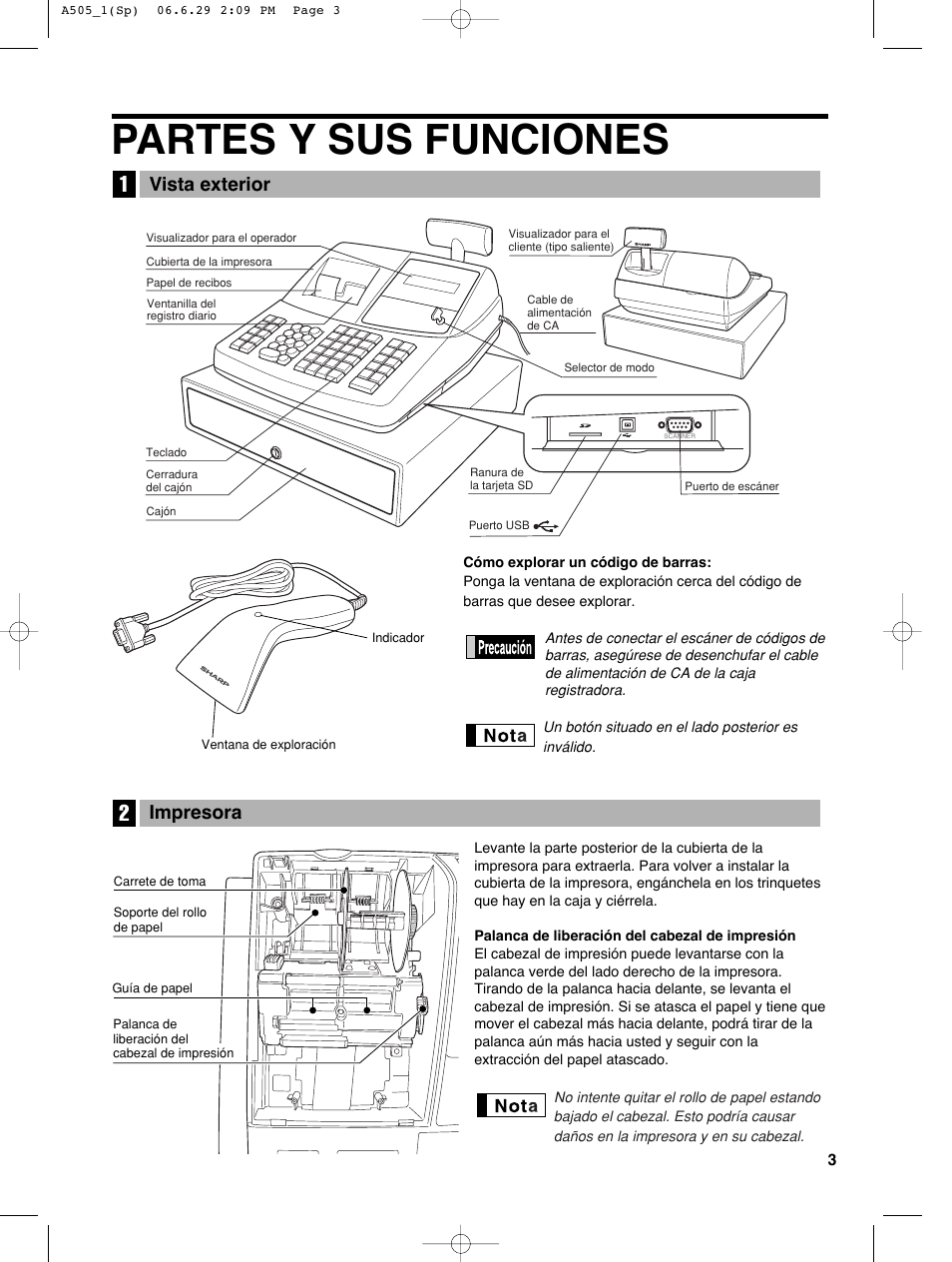 Partes y sus funciones, Vista exterior, Impresora | Sharp Electronic Cash Register XE-A505 User Manual | Page 87 / 130