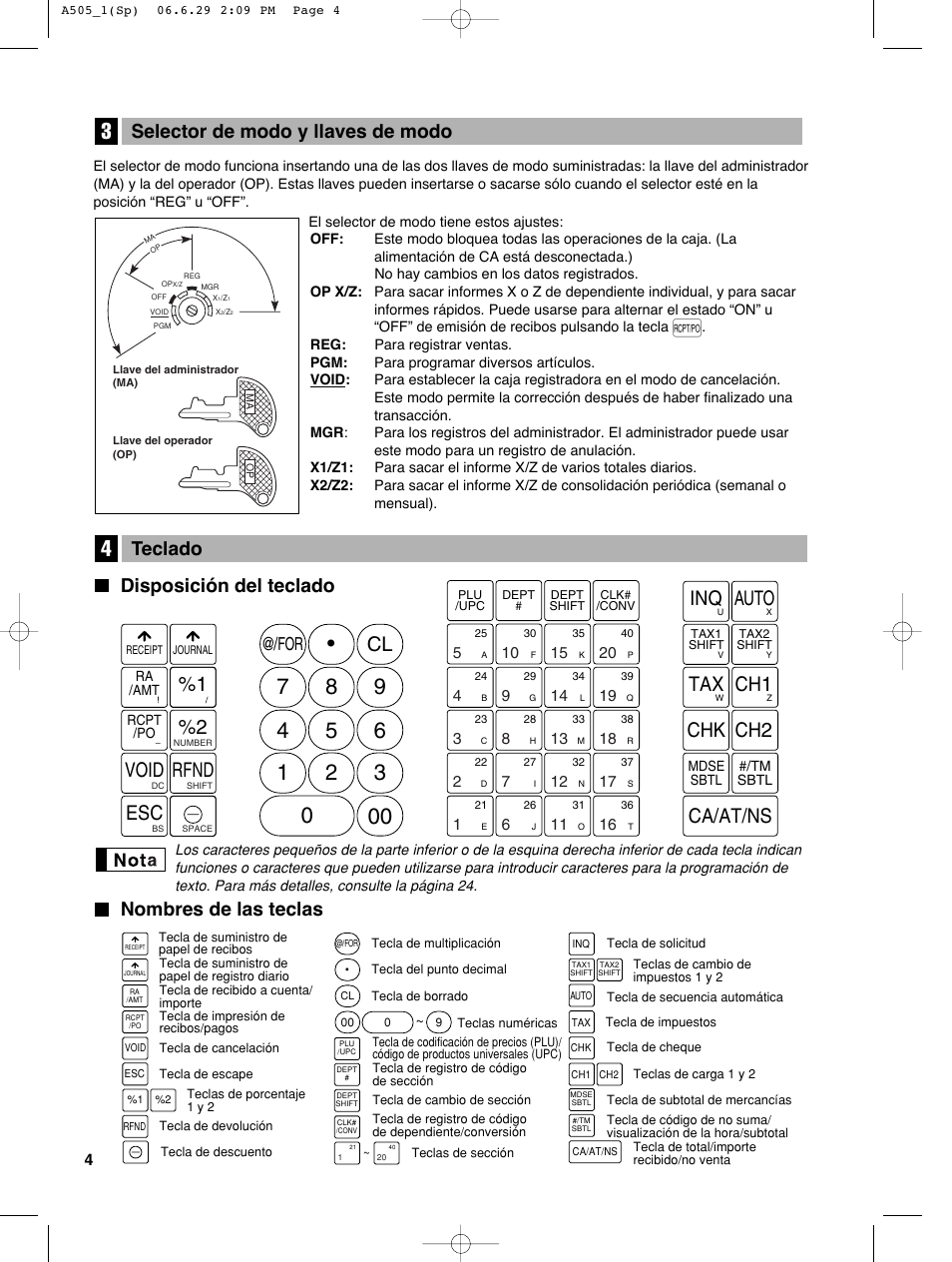 1 void rfnd, Auto inq, Chk ch2 | Tax ch1, Ca/at/ns, Disposición del teclado, Nombres de las teclas teclado, Selector de modo y llaves de modo | Sharp Electronic Cash Register XE-A505 User Manual | Page 88 / 130