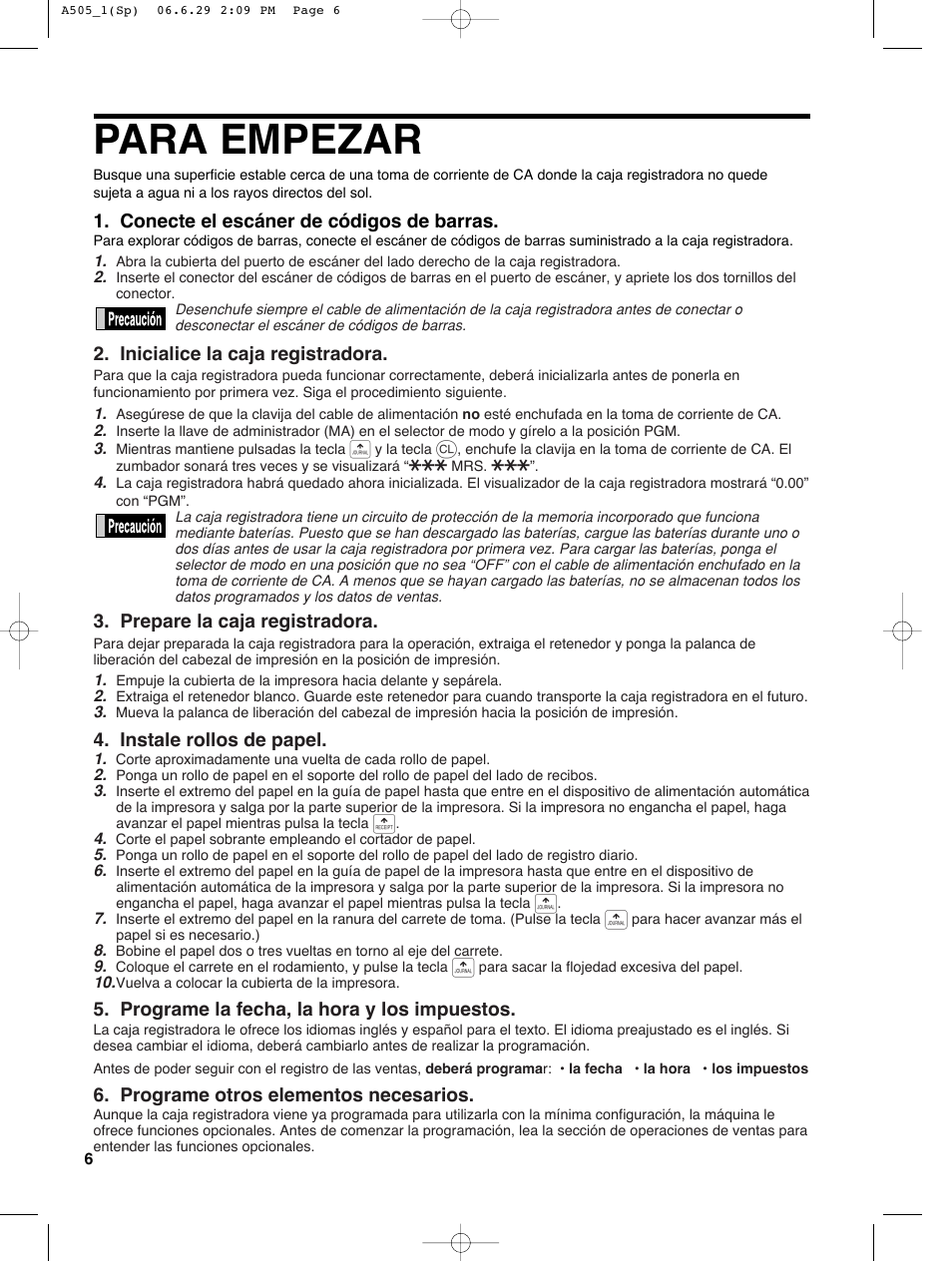 Para empezar | Sharp Electronic Cash Register XE-A505 User Manual | Page 90 / 130