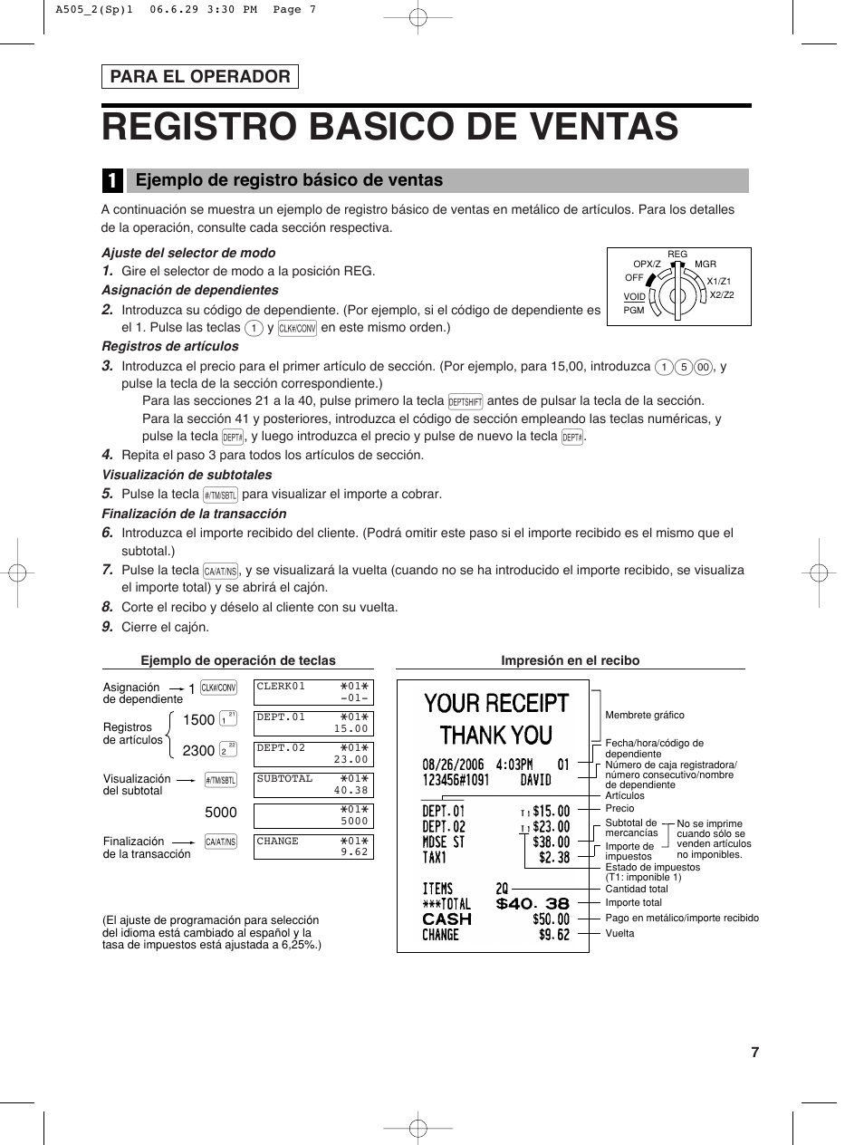 Registro basico de ventas, Para el operador, Ejemplo de registro básico de ventas | Sharp Electronic Cash Register XE-A505 User Manual | Page 91 / 130