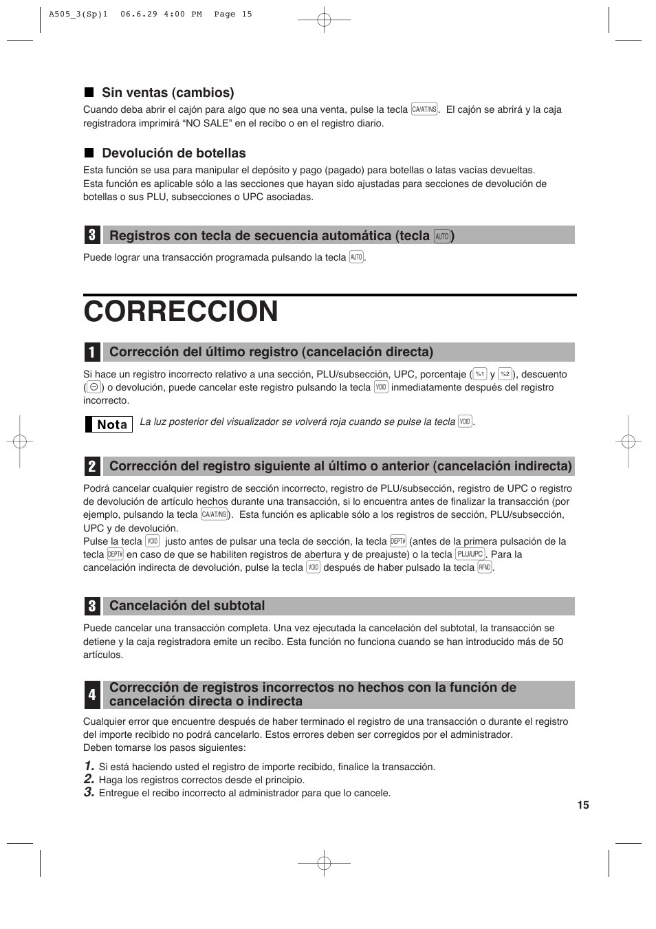 Correccion | Sharp Electronic Cash Register XE-A505 User Manual | Page 99 / 130