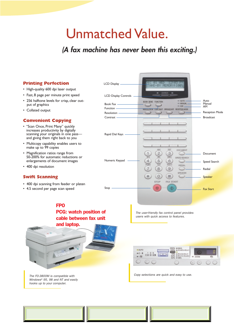 Unmatched value, A fax machine has never been this exciting.), Previous page | Next page | Sharp FO-3800M User Manual | Page 5 / 6